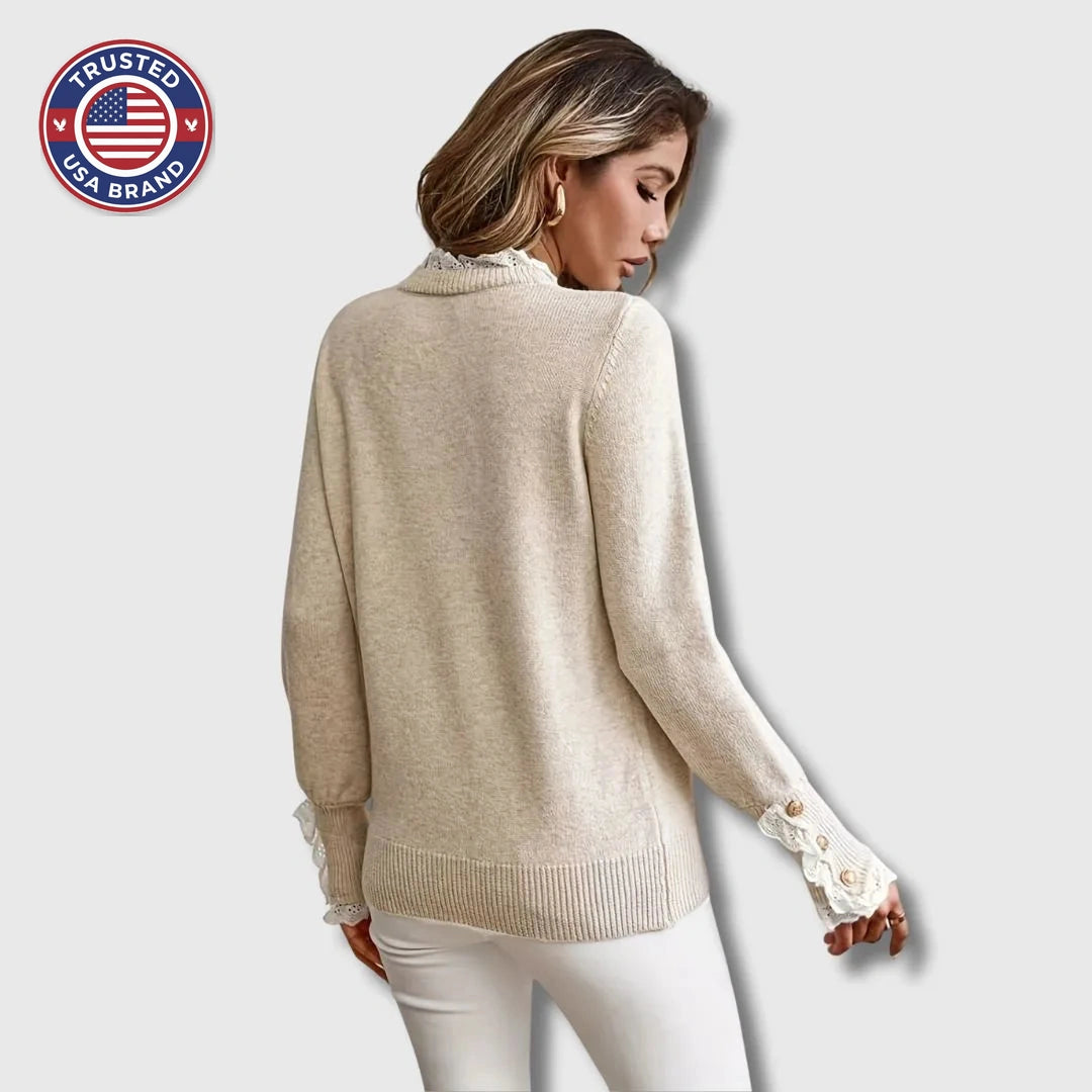 Women's knit crew neck winter sweater with lace trim cuffs buttons