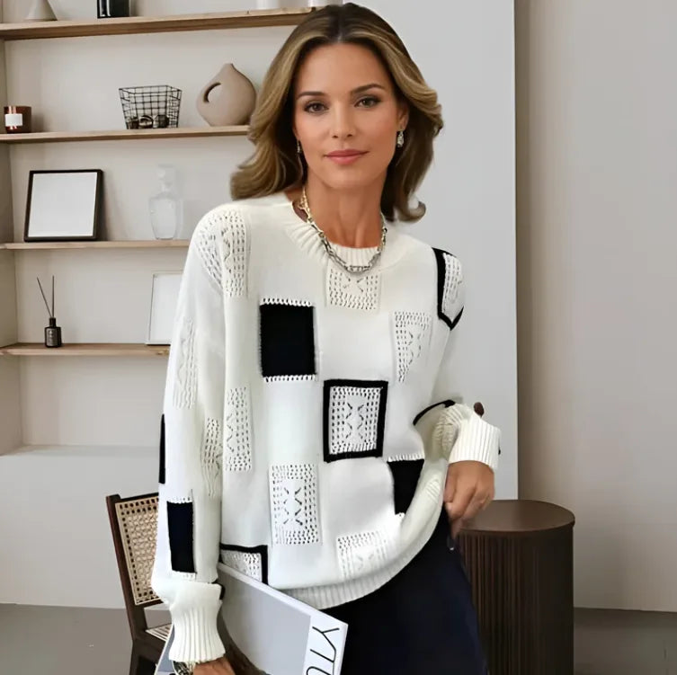 Women's knit crew neck winter sweater with textured square pattern
