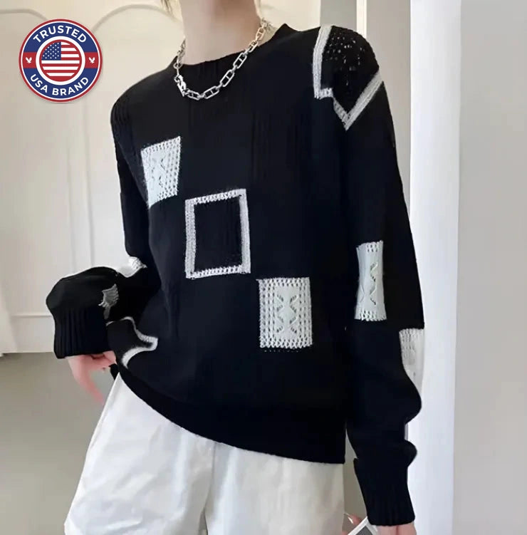 Women's knit crew neck winter sweater with textured square pattern