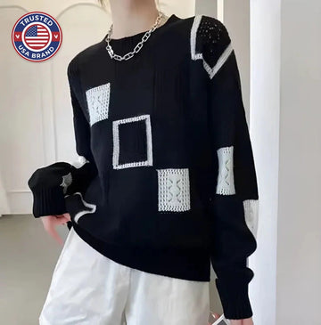 Women's knit crew neck winter sweater with textured square pattern