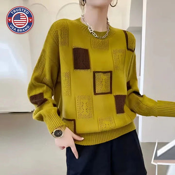 Women's knit crew neck winter sweater with textured square pattern