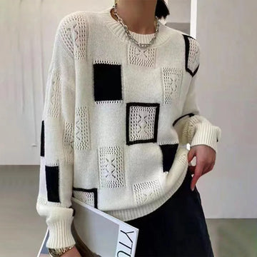 Women's knit crew neck winter sweater with textured square pattern