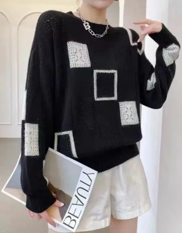 Women's knit crew neck winter sweater with textured square pattern