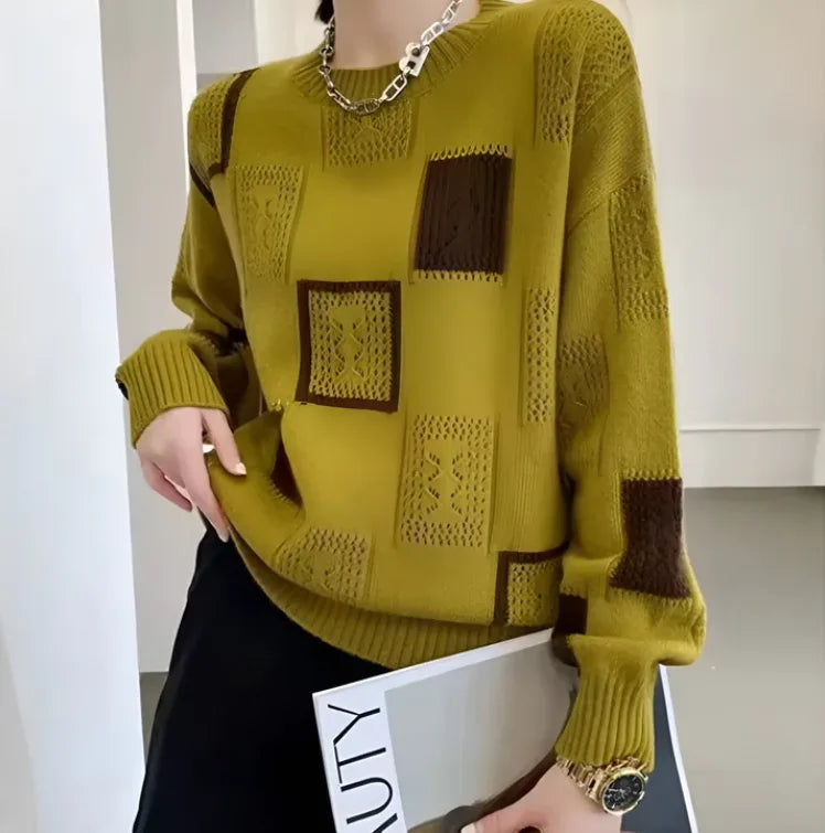 Women's knit crew neck winter sweater with textured square pattern