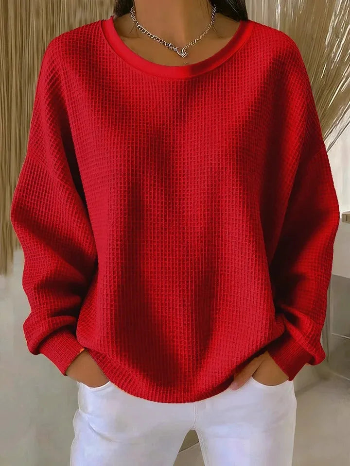 Women's knit crew neck winter sweater with waffle texture
