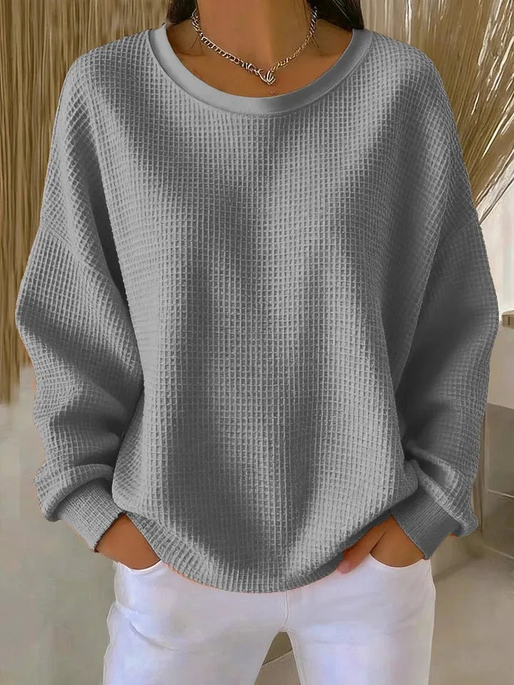 Women's knit crew neck winter sweater with waffle texture