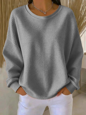 Women's knit crew neck winter sweater with waffle texture