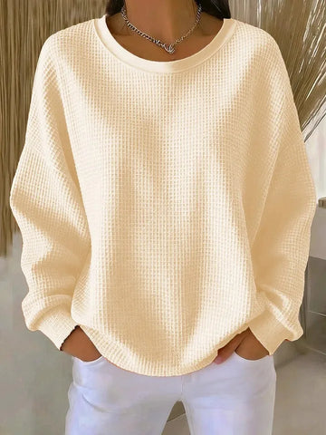 Women's knit crew neck winter sweater with waffle texture
