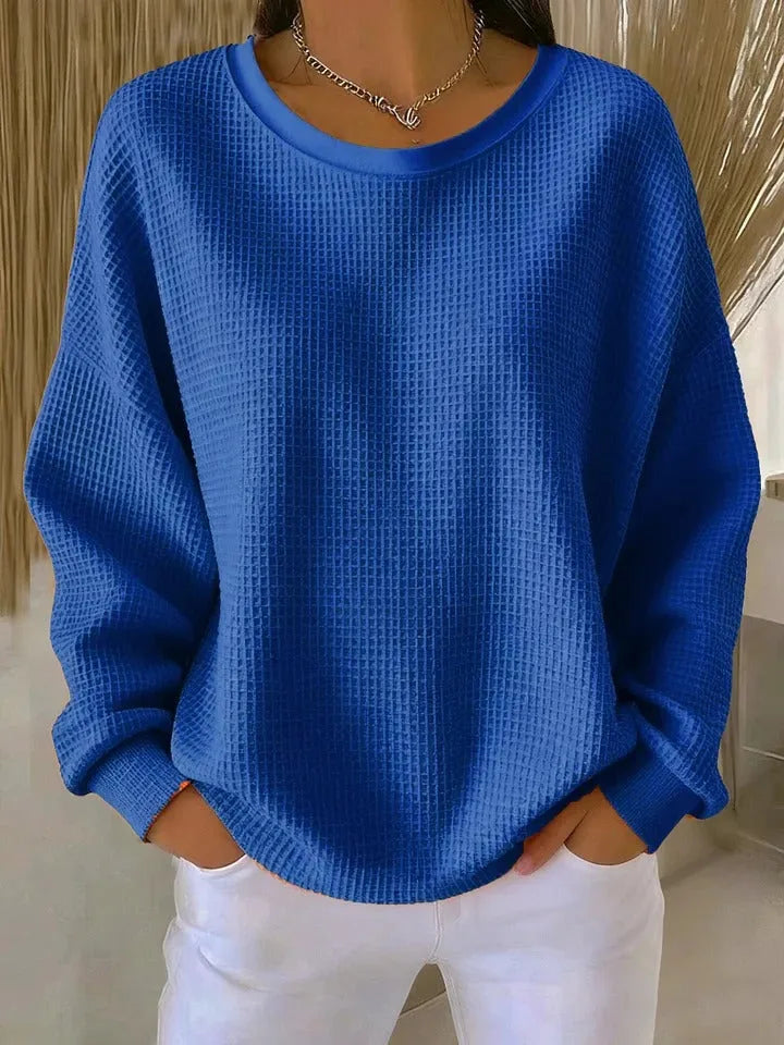Women's knit crew neck winter sweater with waffle texture