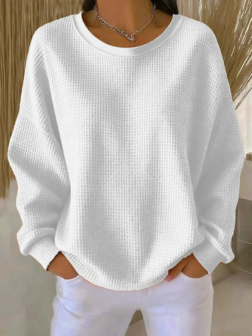 Women's knit crew neck winter sweater with waffle texture