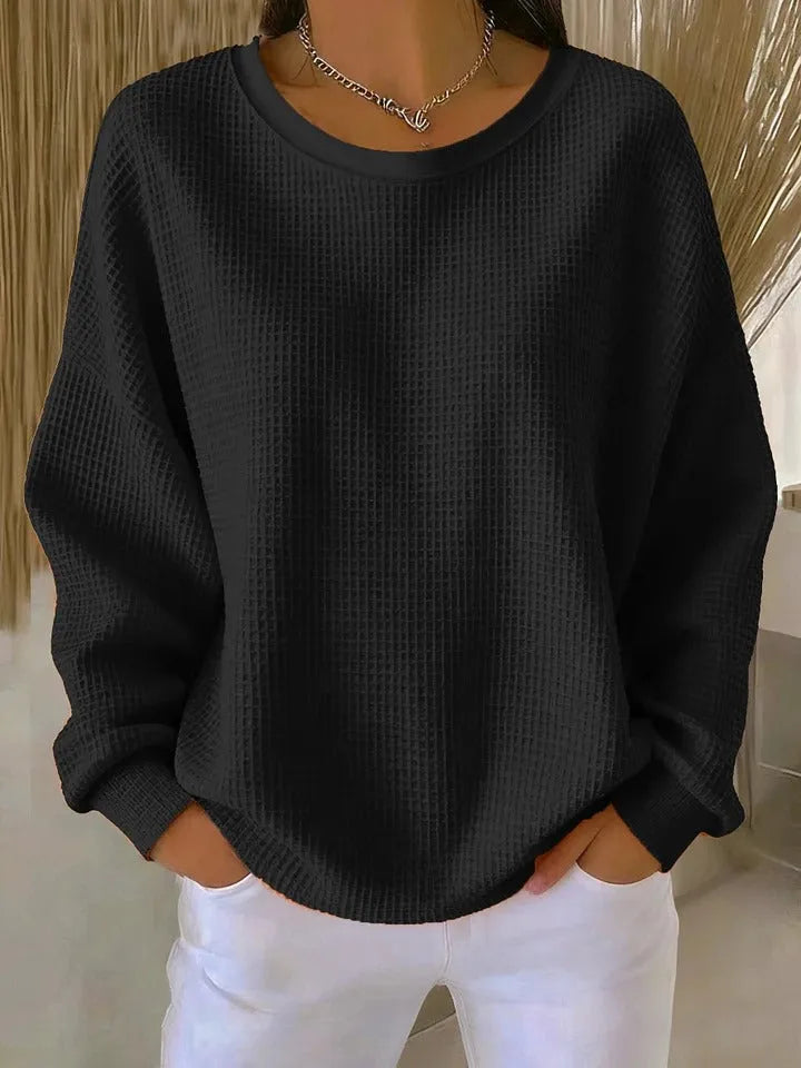 Women's knit crew neck winter sweater with waffle texture