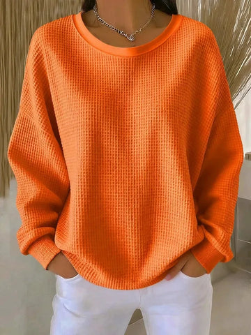 Women's knit crew neck winter sweater with waffle texture