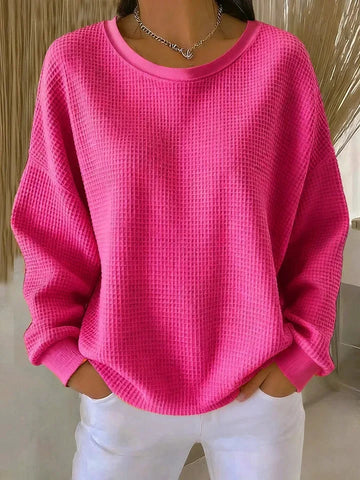 Women's knit crew neck winter sweater with waffle texture