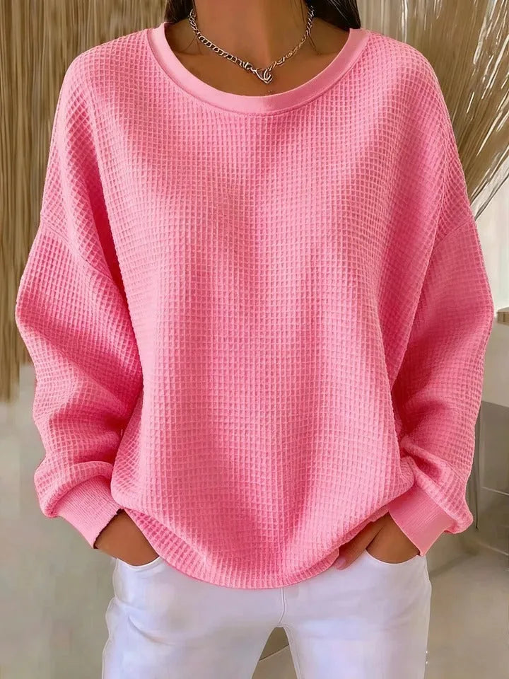 Women's knit crew neck winter sweater with waffle texture