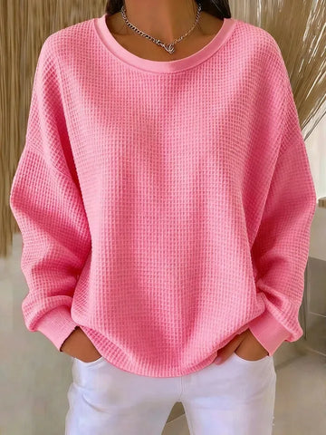 Women's knit crew neck winter sweater with waffle texture