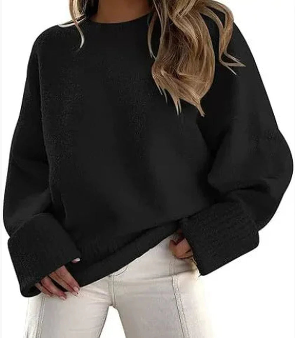 Women's knit crew neck winter sweater with wide ribbed cuffs - Beige