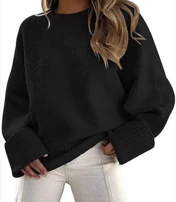 Women's knit crew neck winter sweater with wide ribbed cuffs - Beige