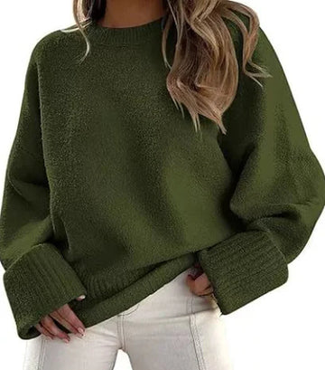 Women's knit crew neck winter sweater with wide ribbed cuffs - Beige