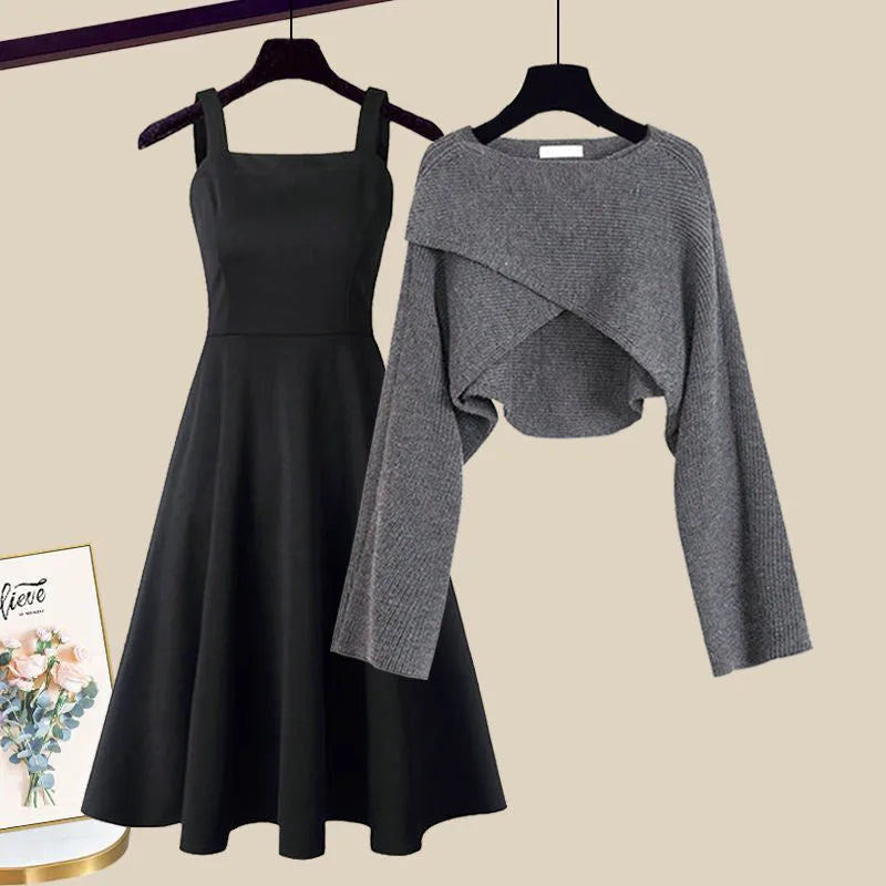 Women's knit crew neck winter two piece set with cropped wrap-front top