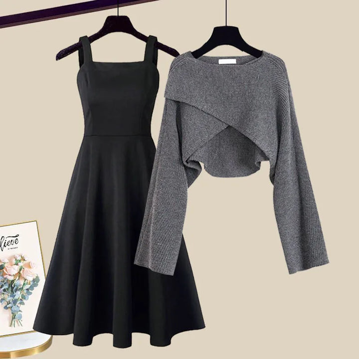 Women's knit crew neck winter two piece set with cropped wrap-front top
