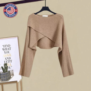 Women's knit crew neck winter two piece set with cropped wrap-front top