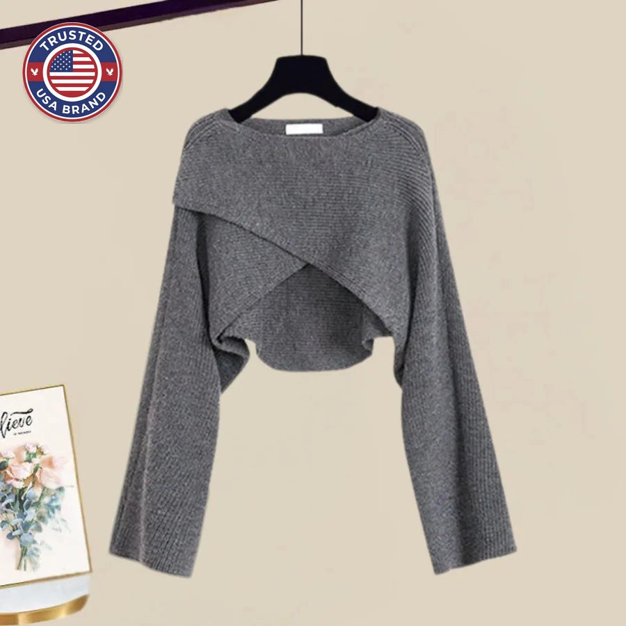 Women's knit crew neck winter two piece set with cropped wrap-front top
