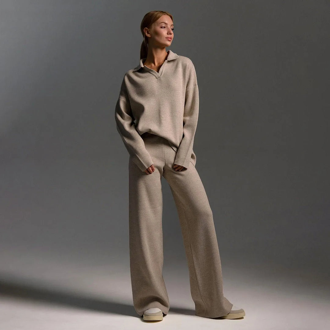 Women's knit half-zip collared winter two piece set with wide leg pants