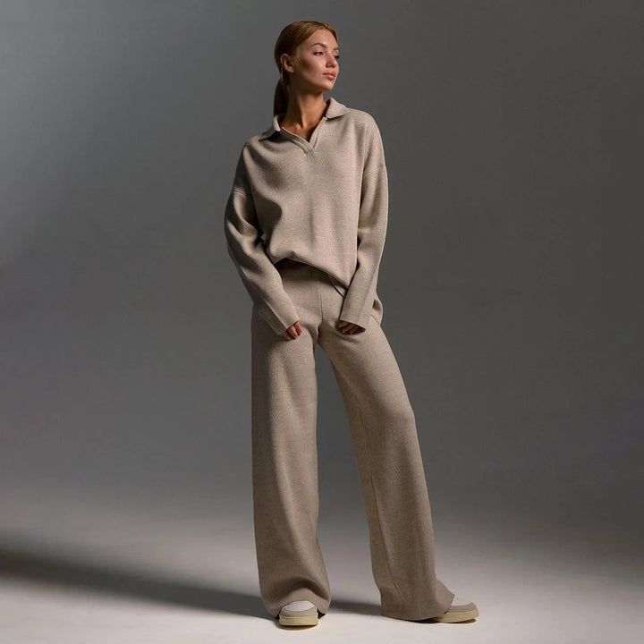 Women's knit half-zip collared winter two piece set with wide leg pants