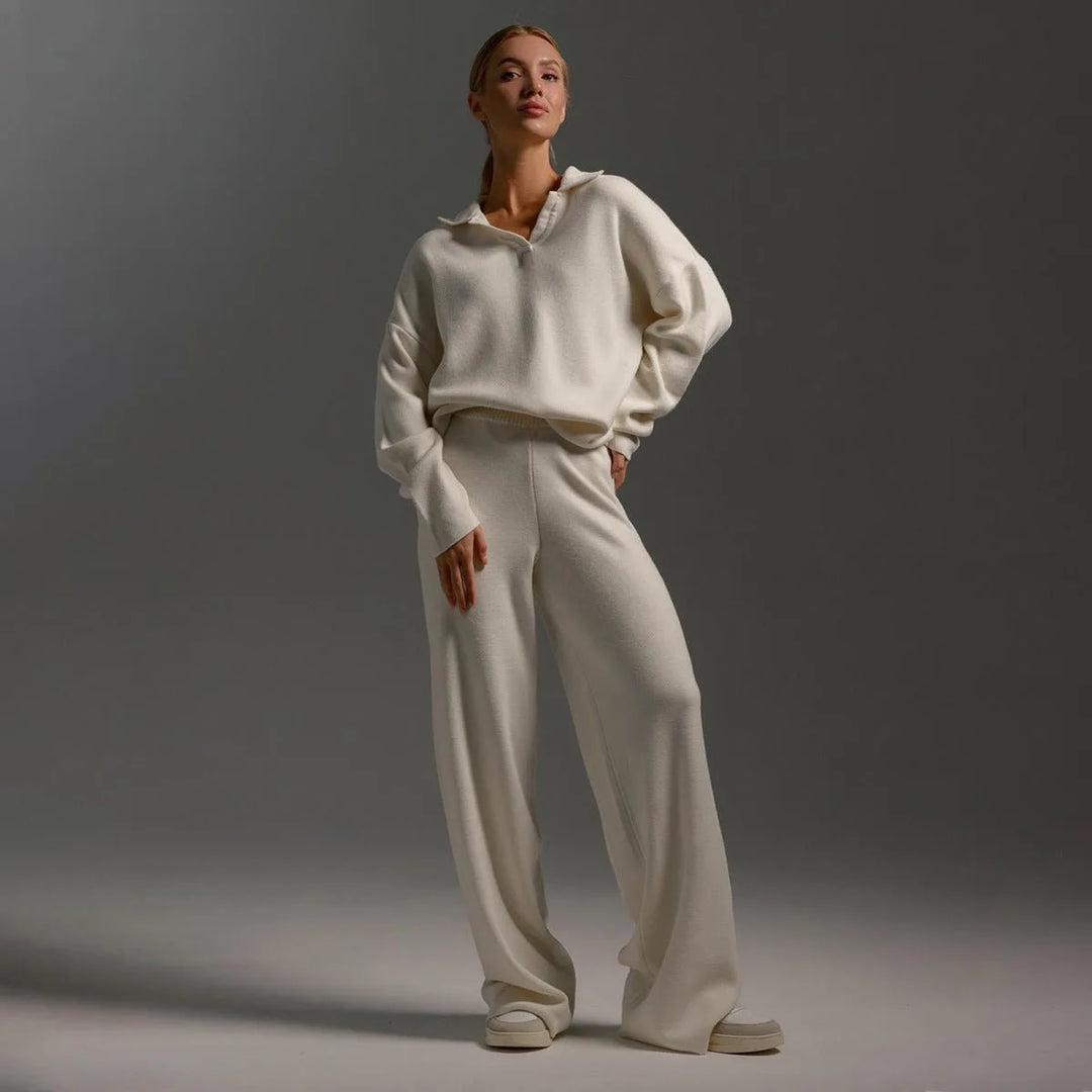 Women's knit half-zip collared winter two piece set with wide leg pants