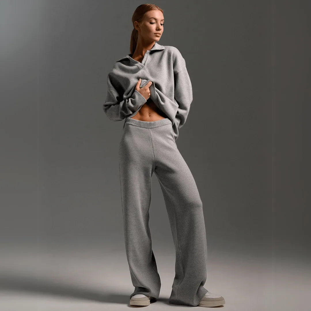 Women's knit half-zip collared winter two piece set with wide leg pants