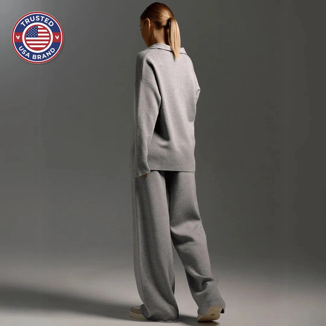 Women's knit half-zip collared winter two piece set with wide leg pants