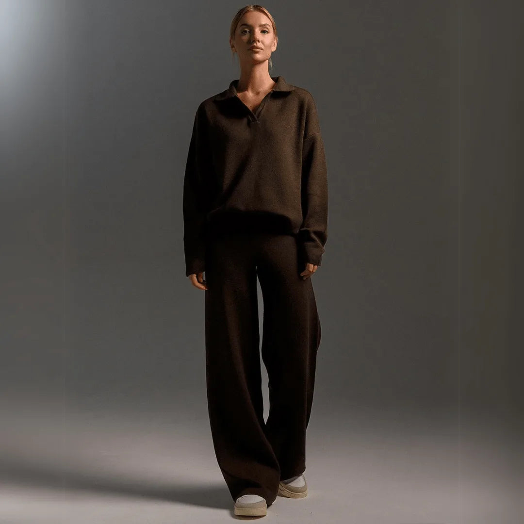 Women's knit half-zip collared winter two piece set with wide leg pants