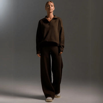 Women's knit half-zip collared winter two piece set with wide leg pants