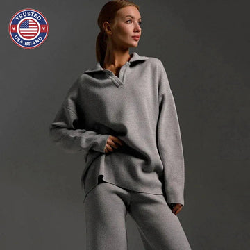 Women's knit half-zip collared winter two piece set with wide leg pants