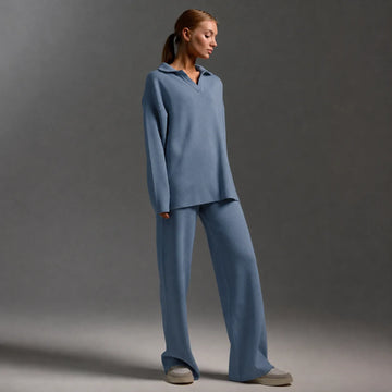 Women's knit half-zip collared winter two piece set with wide leg pants