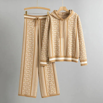 Women's knit hooded winter two piece set with geometric striped pattern