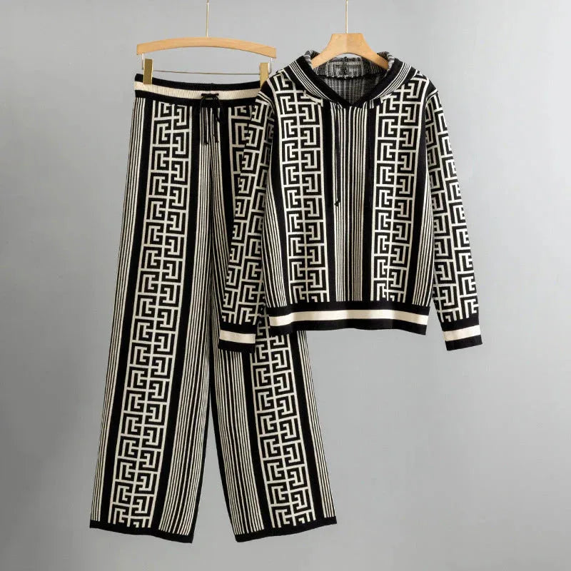 Women's knit hooded winter two piece set with geometric striped pattern