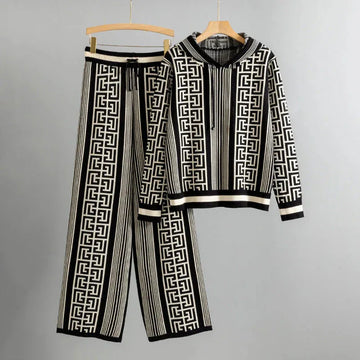 Women's knit hooded winter two piece set with geometric striped pattern
