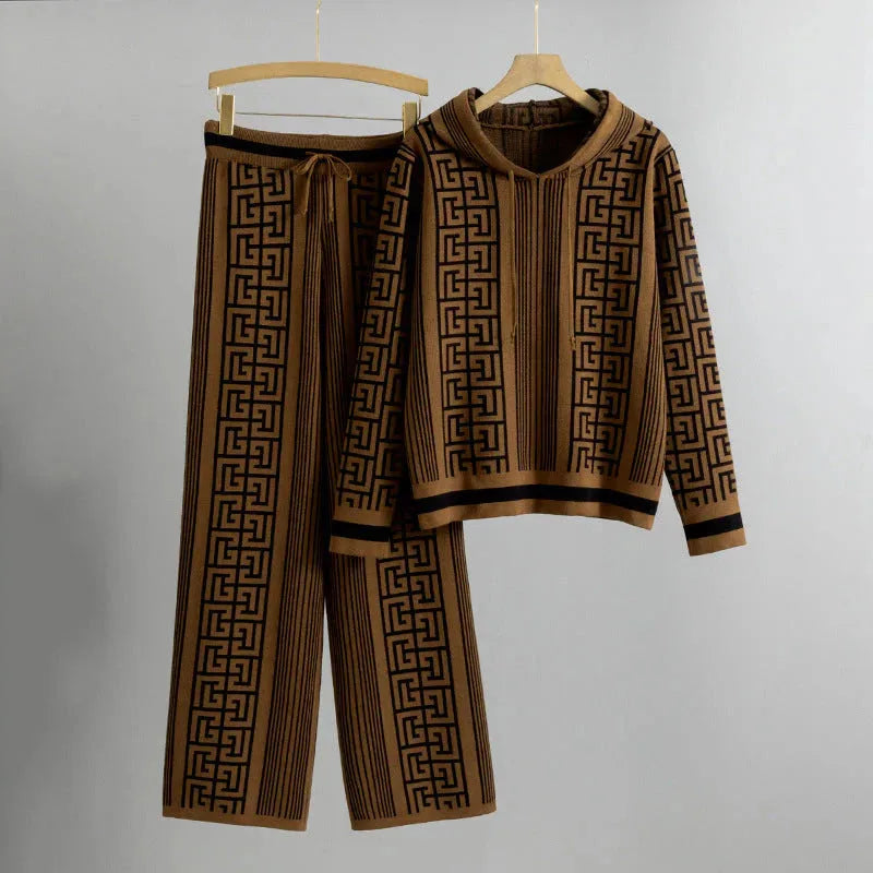 Women's knit hooded winter two piece set with geometric striped pattern