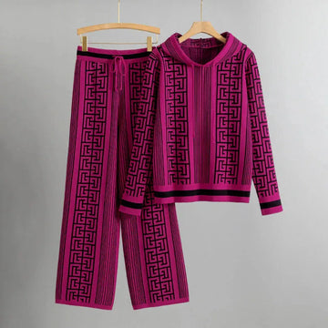 Women's knit hooded winter two piece set with geometric striped pattern