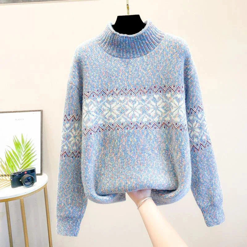 Women's knit roll neck winter fair isle sweater with flecked texture