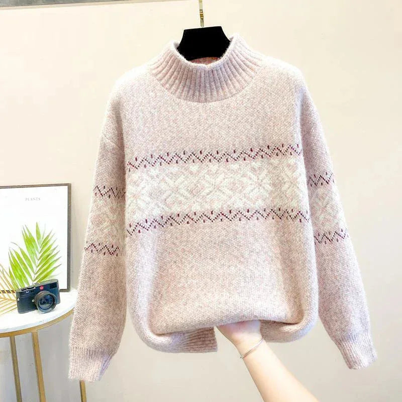 Women's knit roll neck winter fair isle sweater with flecked texture
