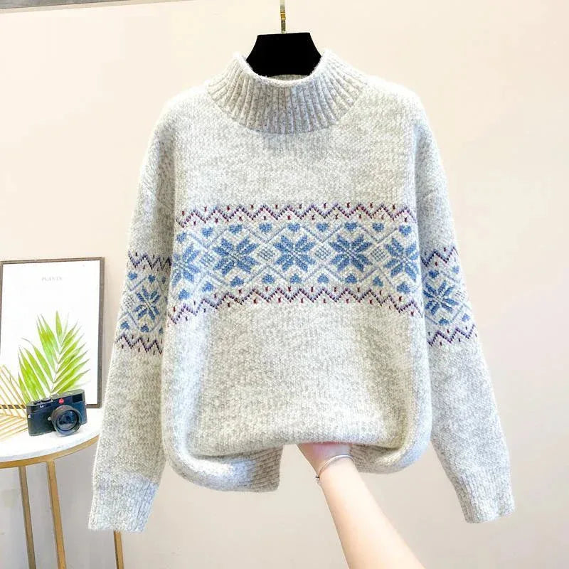 Women's knit roll neck winter fair isle sweater with flecked texture