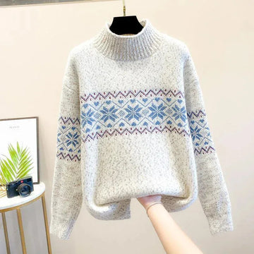 Women's knit roll neck winter fair isle sweater with flecked texture