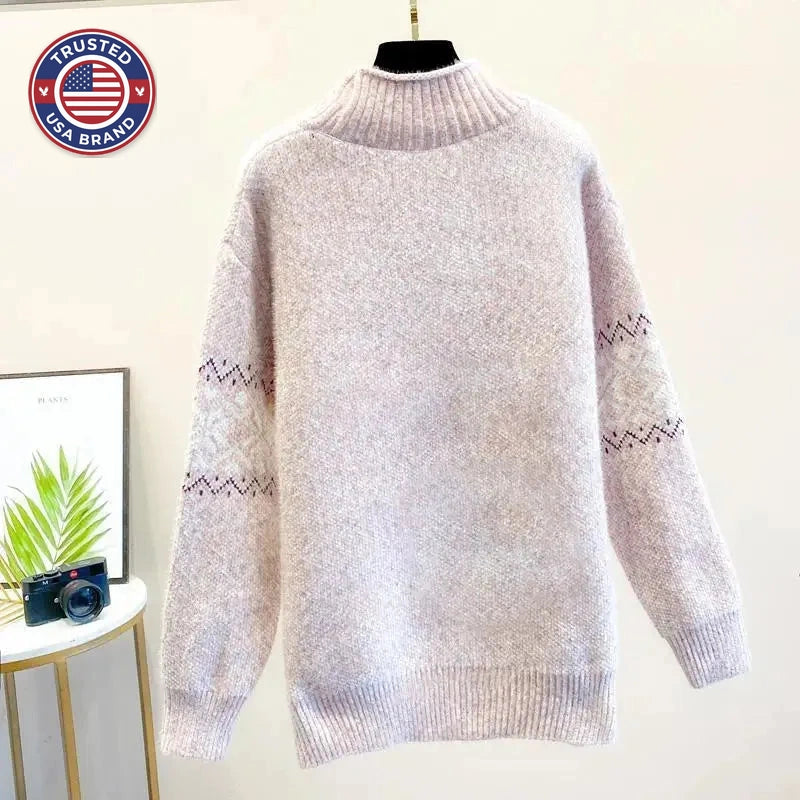 Women's knit roll neck winter fair isle sweater with flecked texture