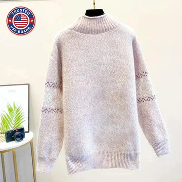 Women's knit roll neck winter fair isle sweater with flecked texture