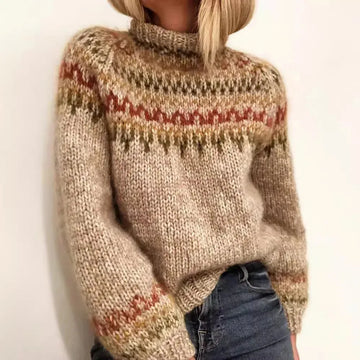 Women's knit roll neck winter fair isle sweater with fuzzy texture