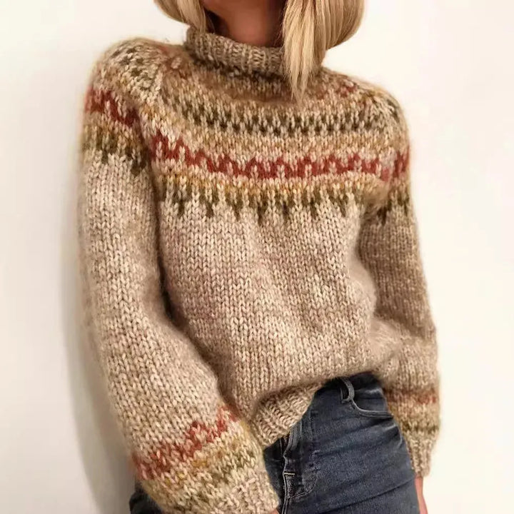 Women's knit roll neck winter fair isle sweater with fuzzy texture