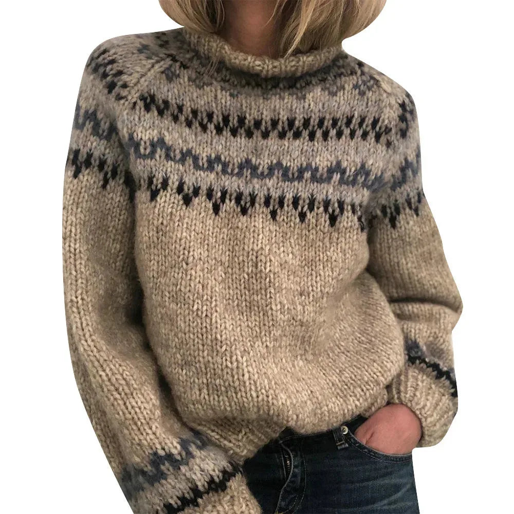 Women's knit roll neck winter fair isle sweater with fuzzy texture