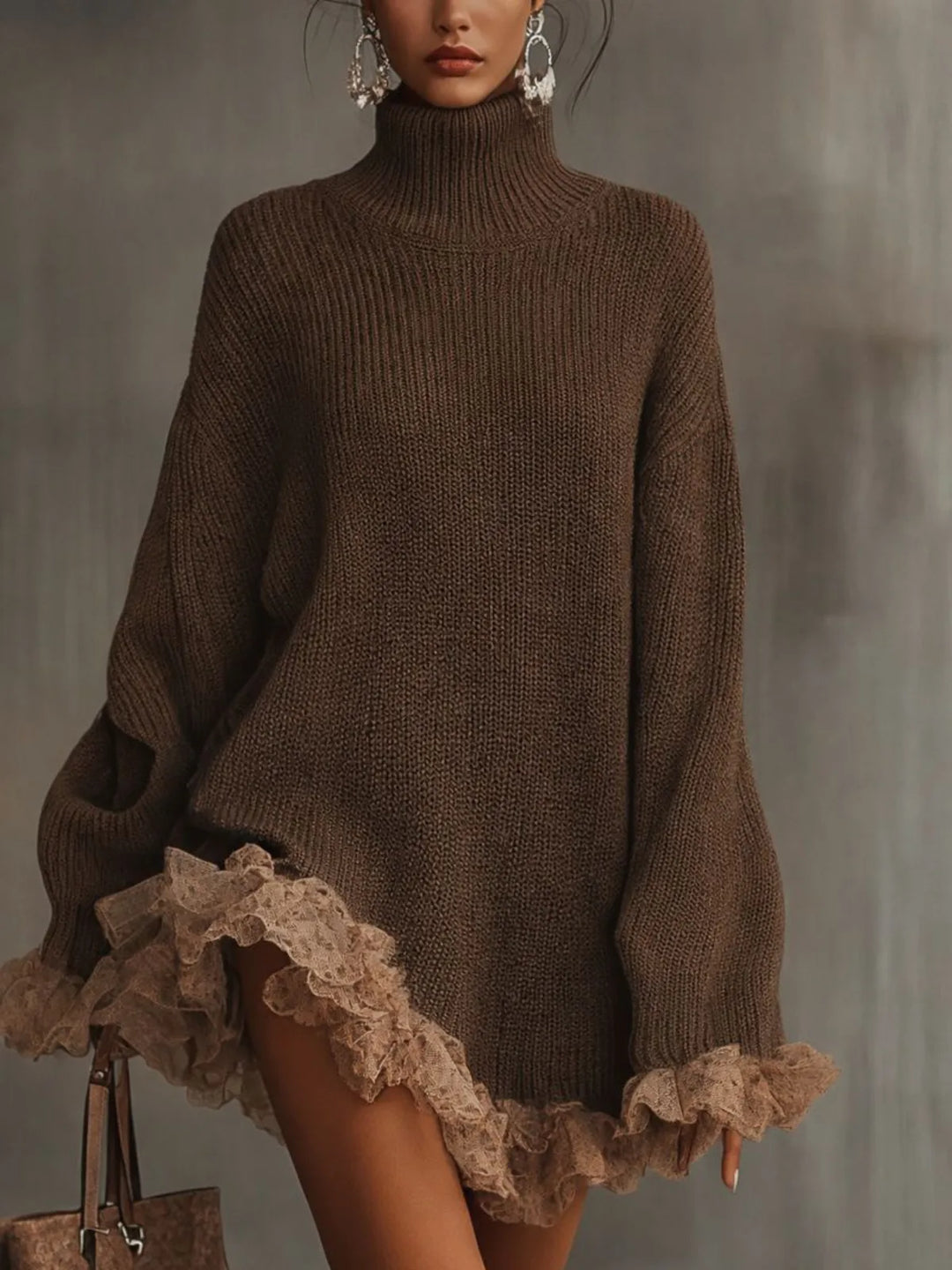 Women's knit winter roll neck sweater dress with ruffled lace trim